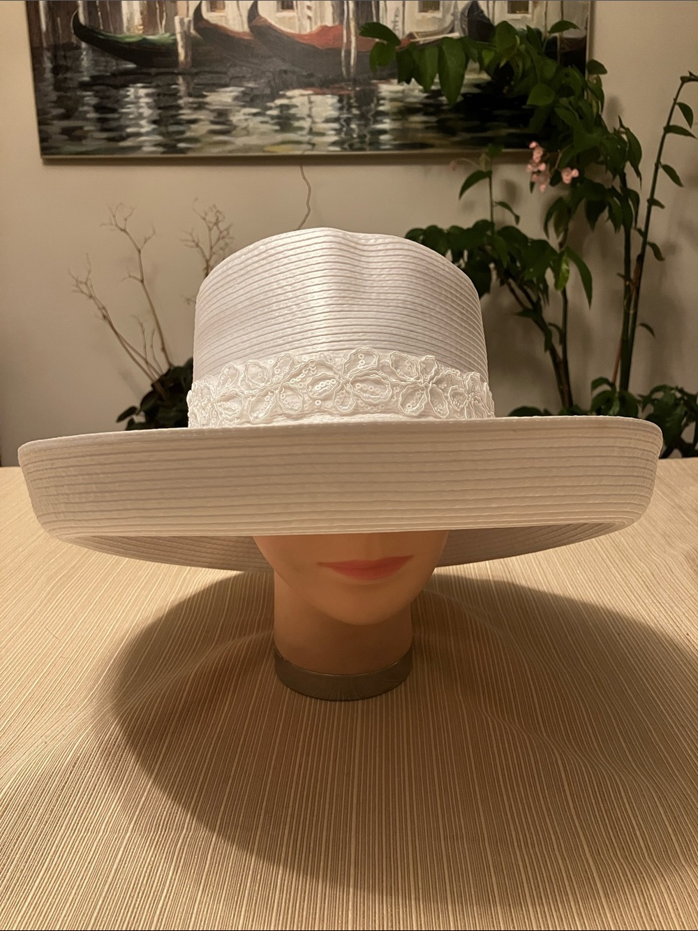 Elegant White Satin Ribbon Hat With White Sequined Floral Embroidered Band